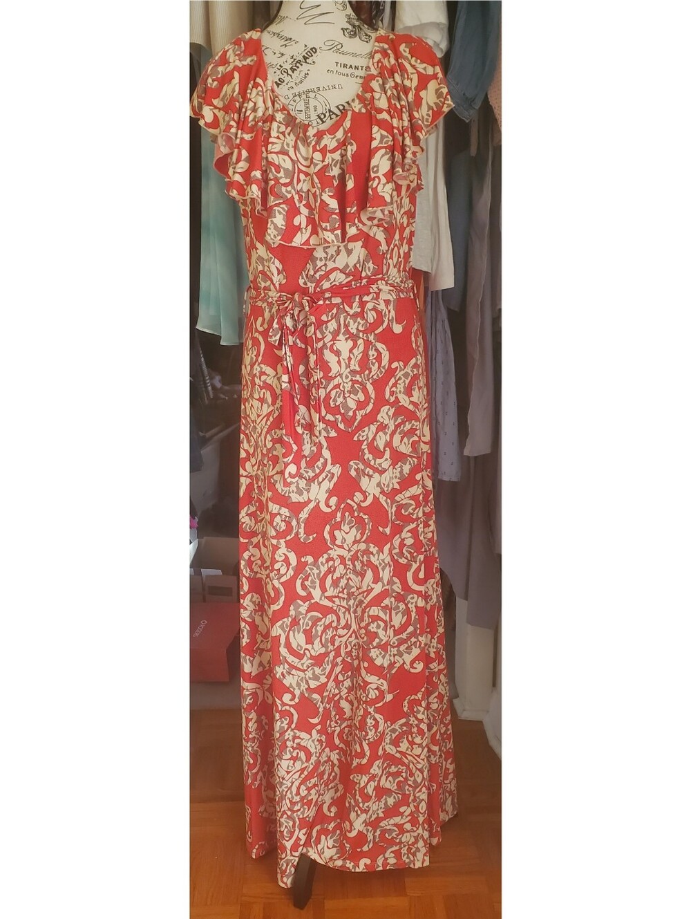 Vintage Ruffle Bodice Crepe Damask Print Off Shoulder Maxi - Picture 6 of 6